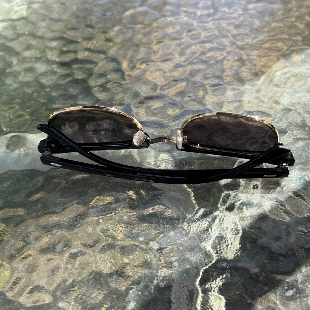 Browline Reflective Sunglasses Black Gold Mirrored Purple Lens Rectangular Frame